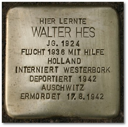 'Wir, die Klasse 8.2 der Gesamtschule Berger Feld, haben gemeinsam mit unseren Klassenlehrerinnen Frau Mau und Frau Krause die Patenschaft fr den Stolperstein von Walter Hes bernommen, weil uns sein Schicksal sehr berhrt hat. Walter war so alt wie wir es jetzt sind, als er von den Nazis ermordet wurde. Mit unserem Engagement wollen wir dazu beitragen, dass Walter Hes und die vielen anderen Opfer des Holocausts nicht vergessen werden und so etwas niemals wieder geschieht.'