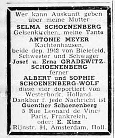 Suchanzeige von Günter Schönenberg in 'Aufbau', 1945