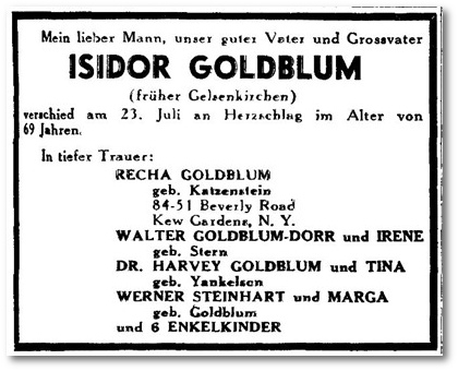 Um 1912: Todesanzeige Isidor Goldblum, früher Gelsenkirchen
