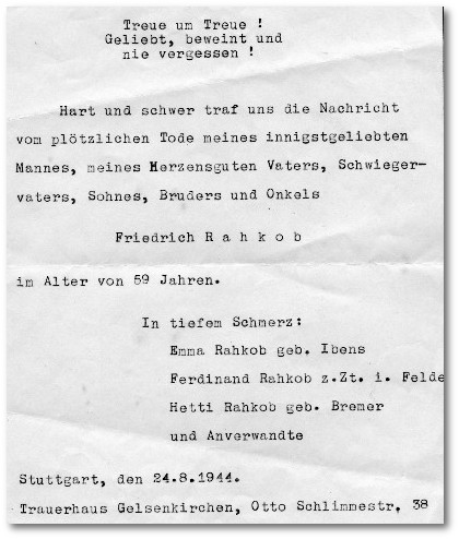 Totenbrief von Fritz Rahkob