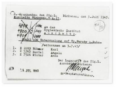 Dokument Hftlings-Krankenbau des Zigeunerlagers Auschwitz Birkenau B.A.II
