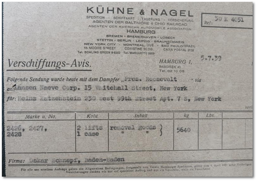 Verschiffungsavis Kühne und Nagel, adressiert an Heinz Katzenstein in New York