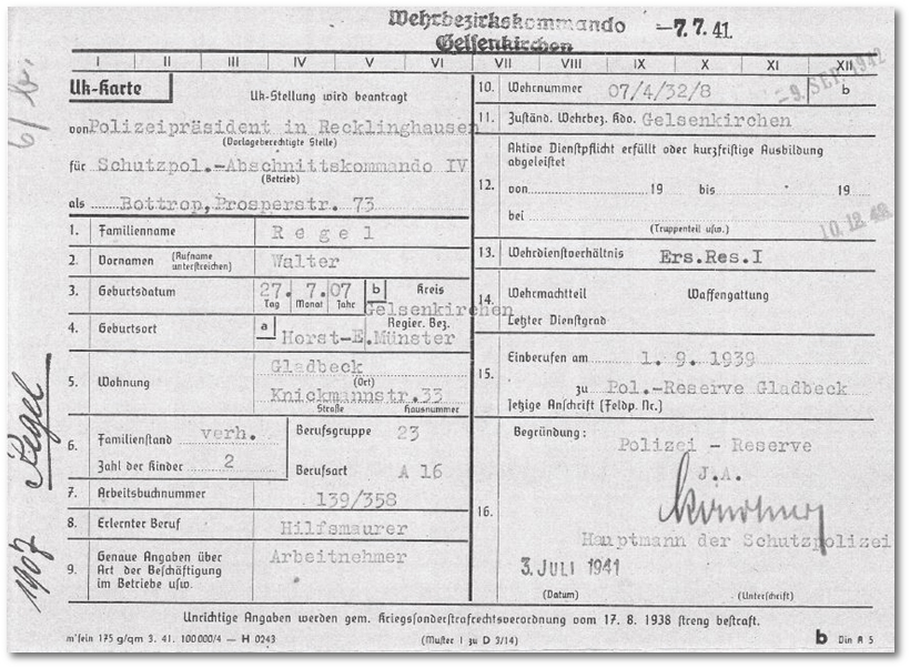 Einberufung Walter Regel zur Polizei-Reseve Gladbeck