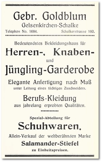 Um 1912: Werbeanzeige der Gebrüder Goldblum, Gelsenkirchen
