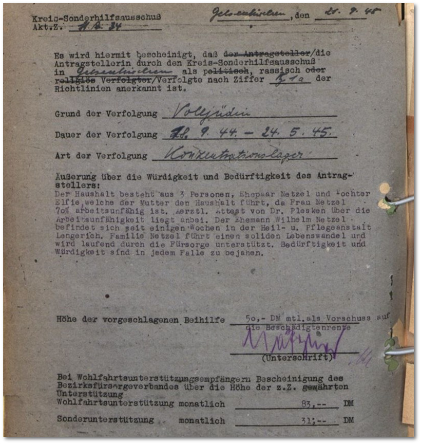 Auszug aus der 'Wiedergutmachungsakte' von Auguste Netzel